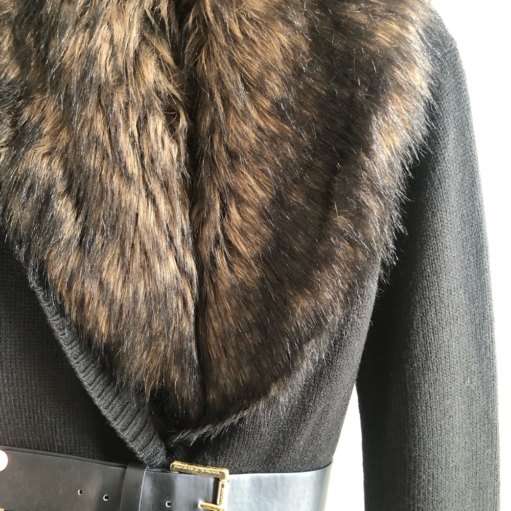 MICHAEL Michael Kors Black Trench Coat with Brown Faux Fur Collar